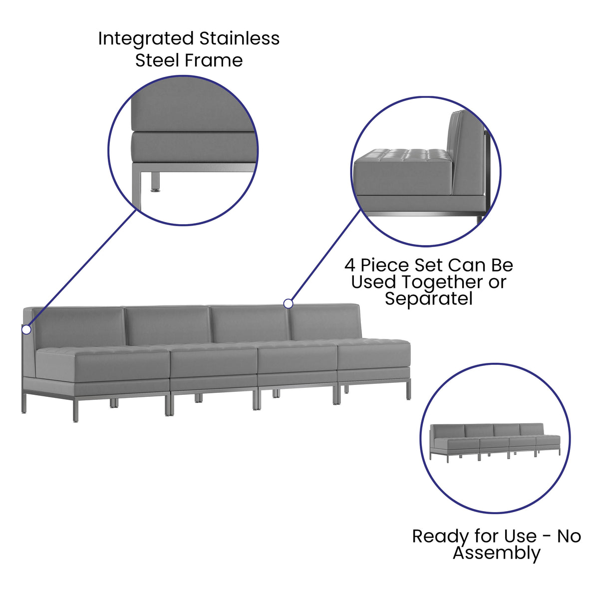 Gray |#| 4 Piece Gray LeatherSoft Modular Reception Lounge Set with Ganging Clips - Reception Bench