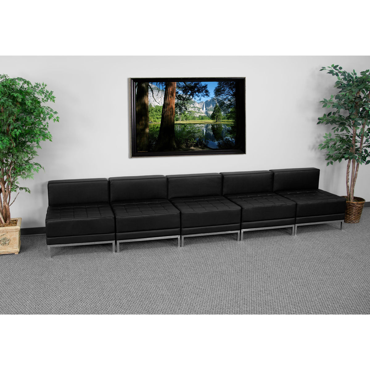 Black |#| 5 Piece Black LeatherSoft Modular Lounge Set with Ganging Clips with Taut Back and Seat
