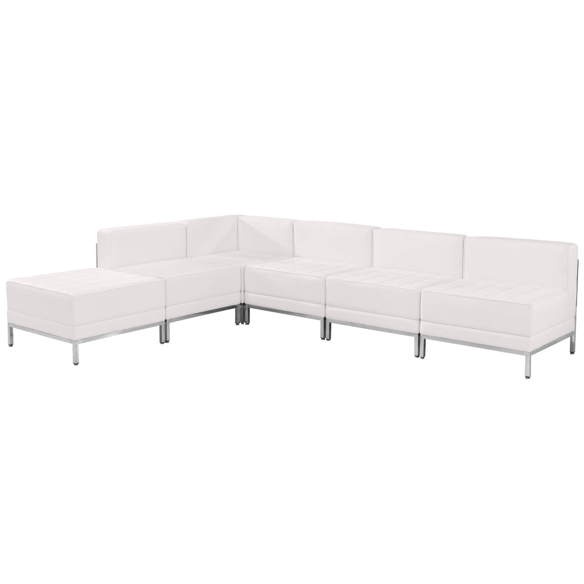 Melrose White |#| 6 Piece White LeatherSoft Modular Sectional Configuration - Stainless Steel Legs