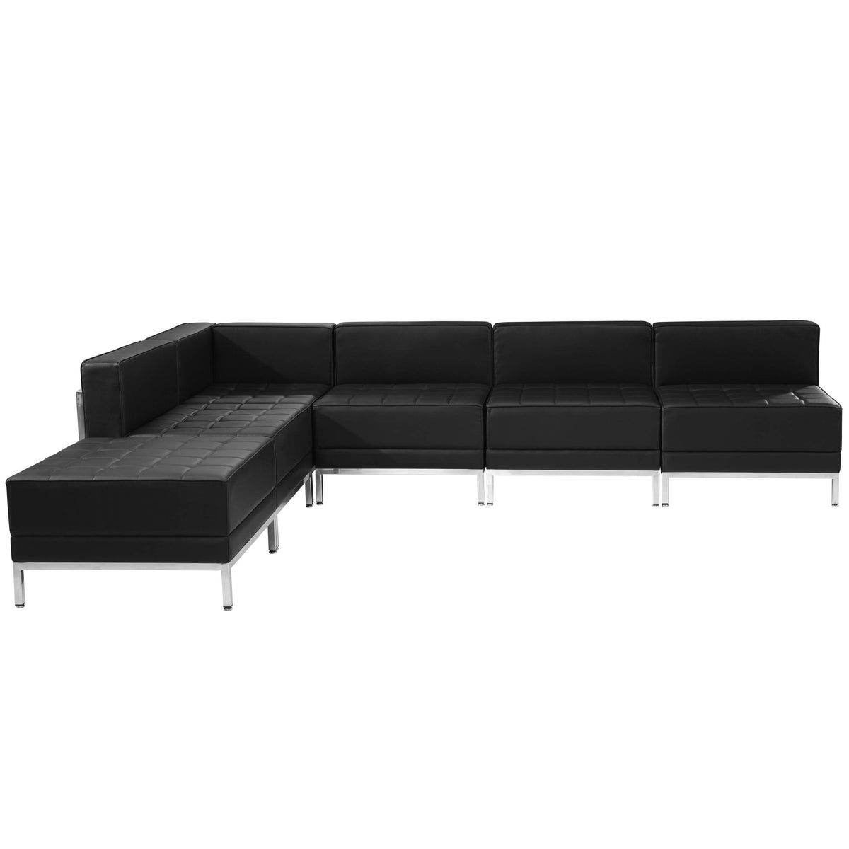 Black |#| 6 Piece Black LeatherSoft Modular Sectional Configuration - Stainless Steel Legs