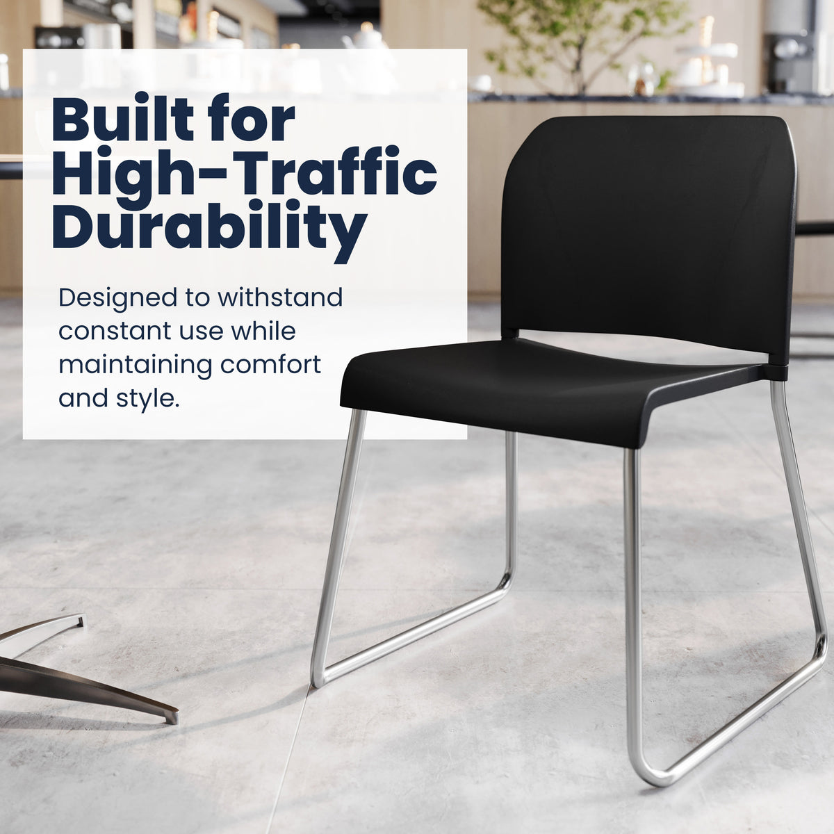Black Plastic/Chrome Frame |#| Commercial Plastic Stack Chair with Contoured Back and Sled Base in Black