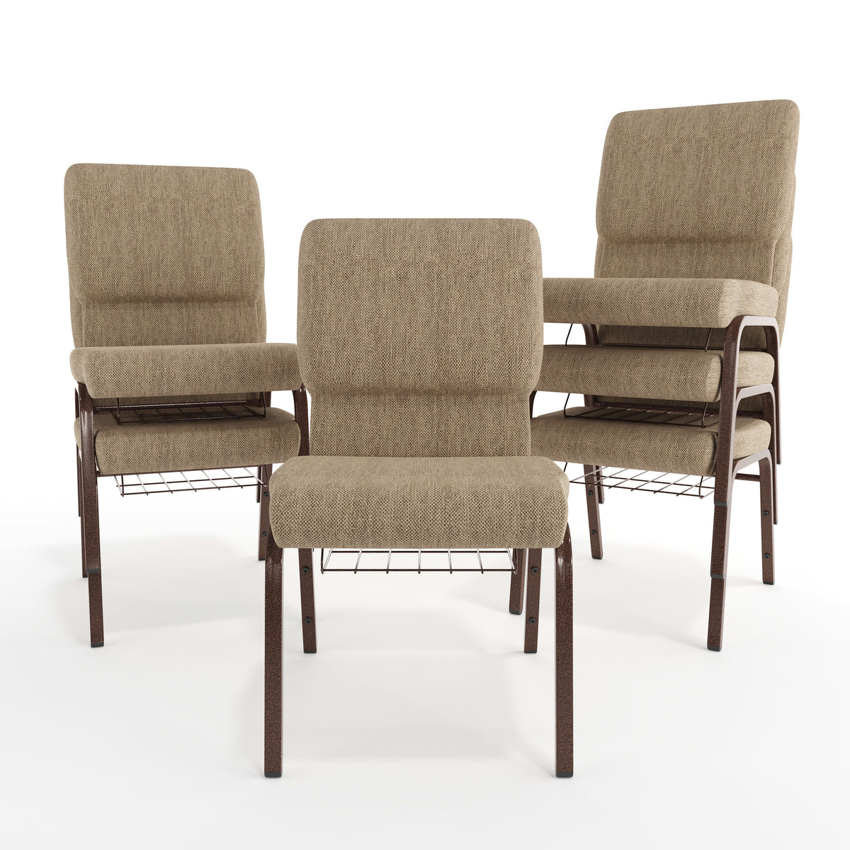 Beige Fabric/Copper Vein Frame |#| 18.5"W Church Chair in Beige Fabric with Book Rack - Copper Vein Frame
