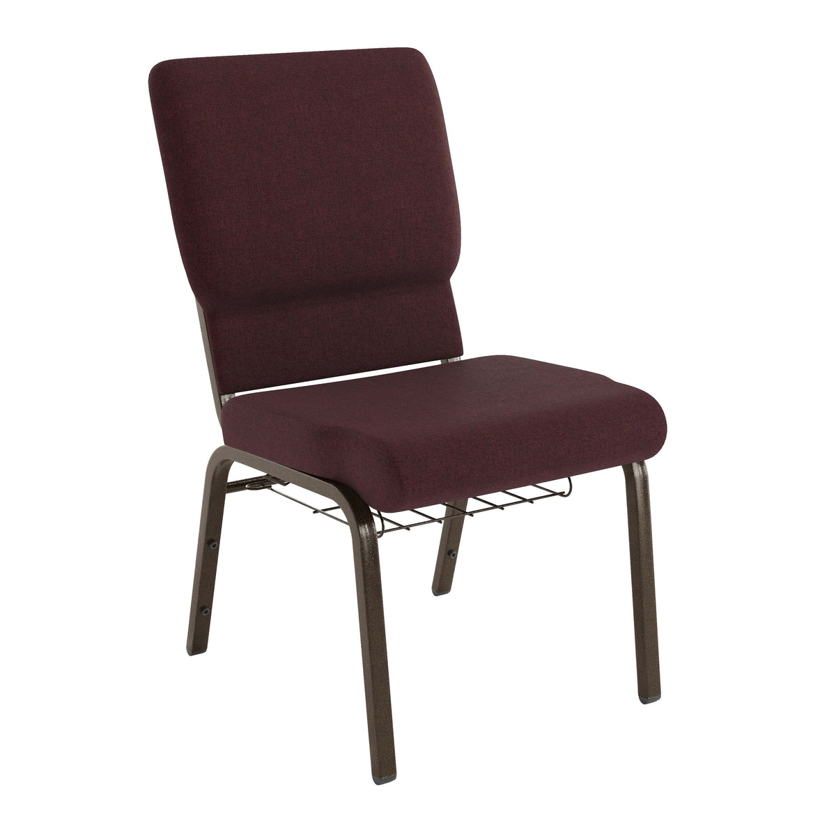 Plum Fabric/Gold Vein Frame |#| 18.5"W Church Chair in Plum Fabric with Cup Book Rack - Gold Vein Frame
