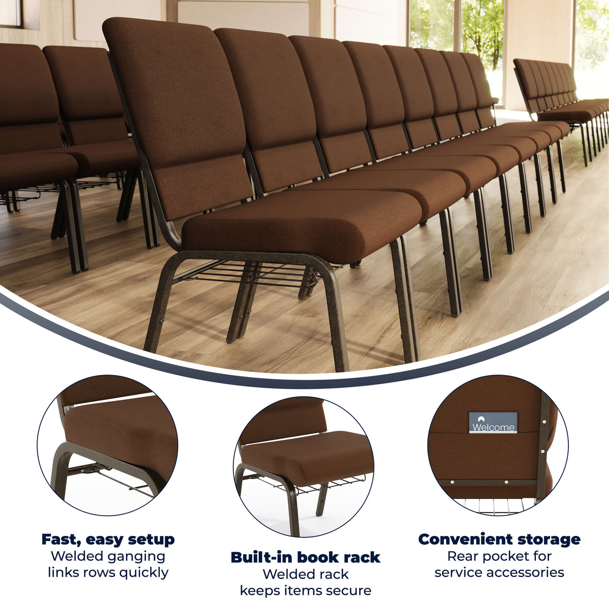 Brown Fabric/Gold Vein Frame |#| 18.5"W Church Chair in Brown Fabric with Cup Book Rack - Gold Vein Frame