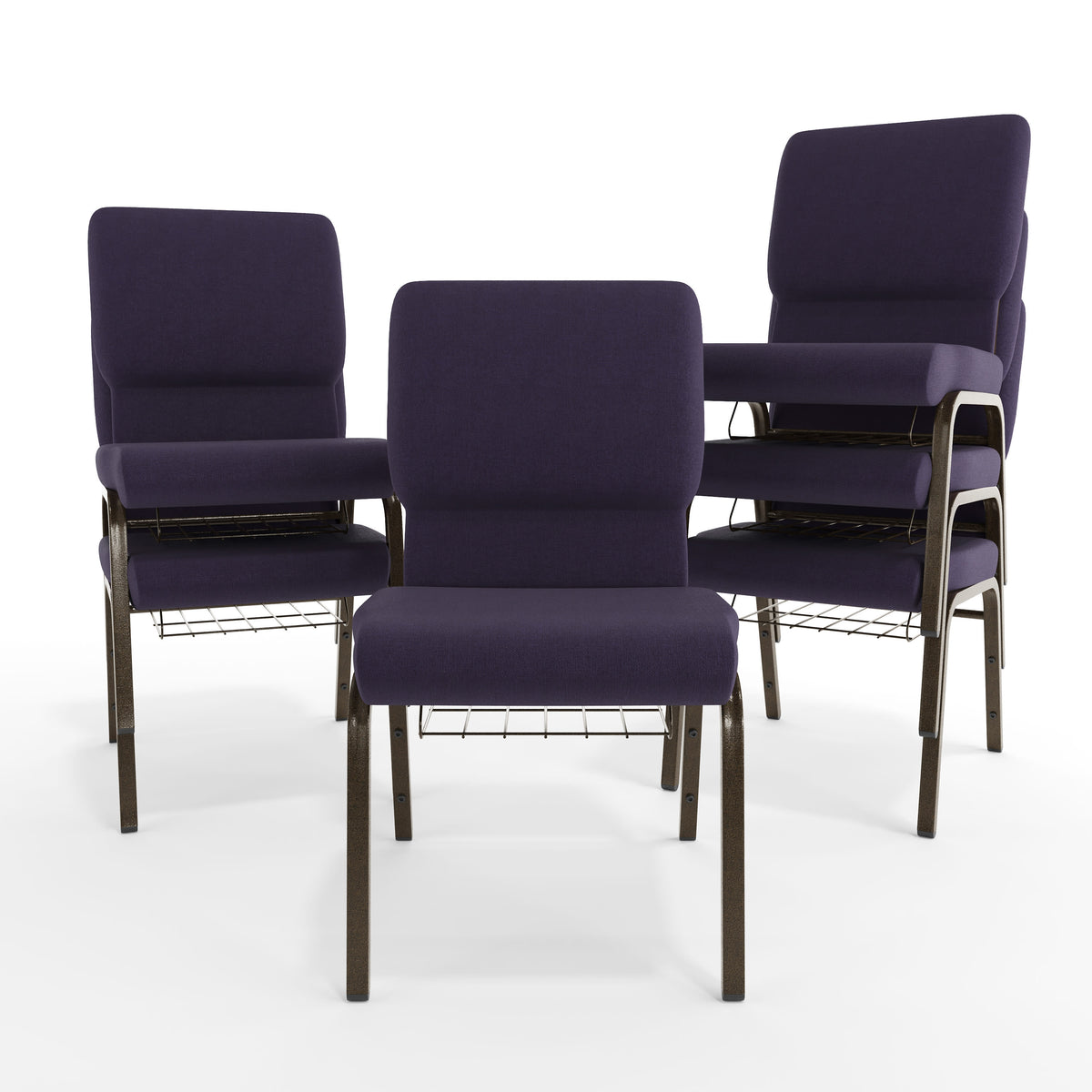 Royal Purple Fabric/Gold Vein Frame |#| 18.5"W Church Chair in Royal Purple Fabric with Cup Book Rack - Gold Vein Frame