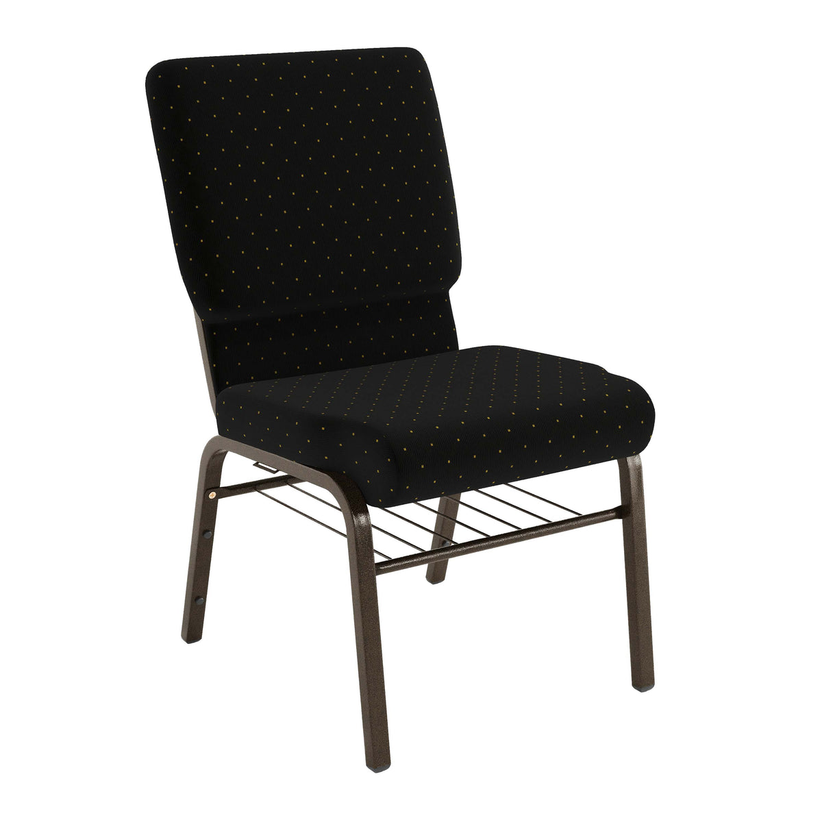 Black Dot Patterned Fabric/Gold Vein Frame |#| 18.5"W Church Chair in Black Dot Patterned Fabric w/Book Rack - Gold Vein Frame
