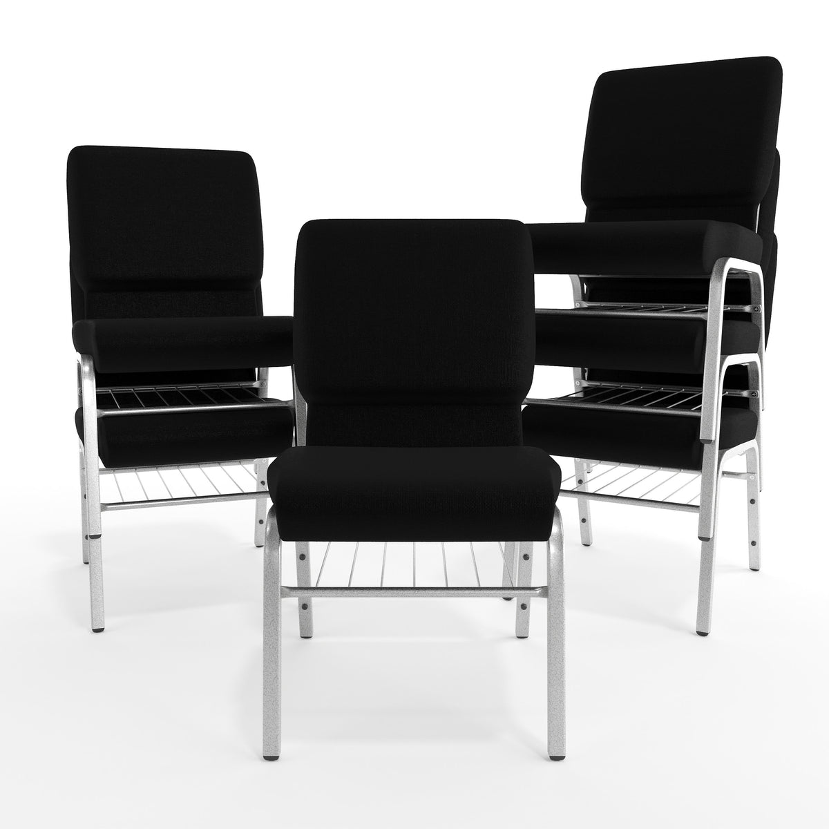 Black Fabric/Silver Vein Frame |#| 18.5"W Church Chair in Black Fabric with Book Rack - Silver Vein Frame