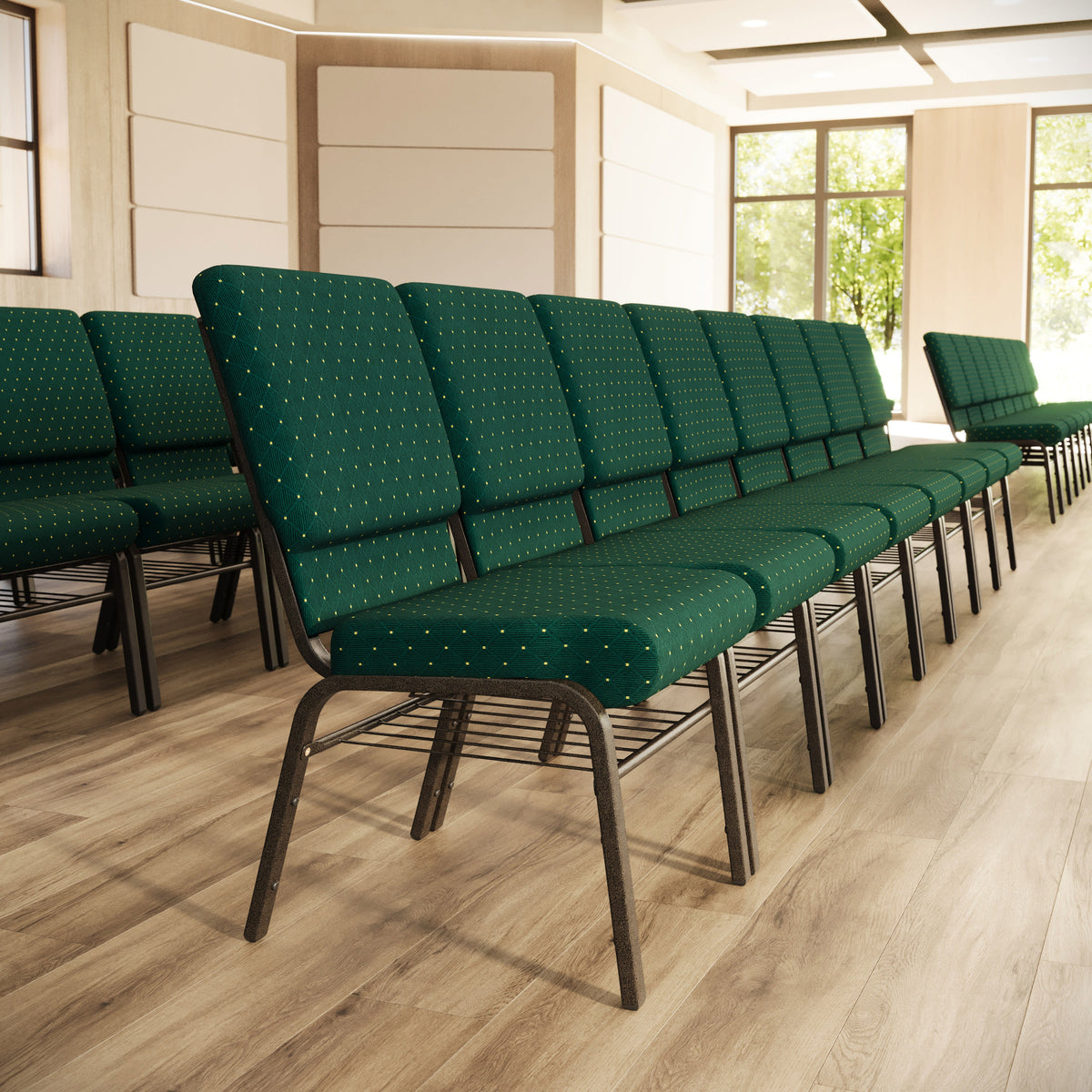Green Patterned Fabric/Gold Vein Frame |#| 18.5"W Church Chair in Green Patterned Fabric with Book Rack - Gold Vein Frame