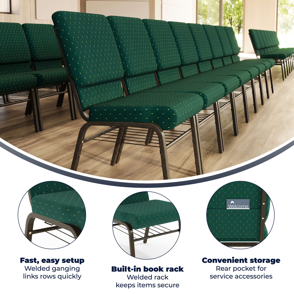 Green Patterned Fabric/Gold Vein Frame |#| 18.5"W Church Chair in Green Patterned Fabric with Book Rack - Gold Vein Frame