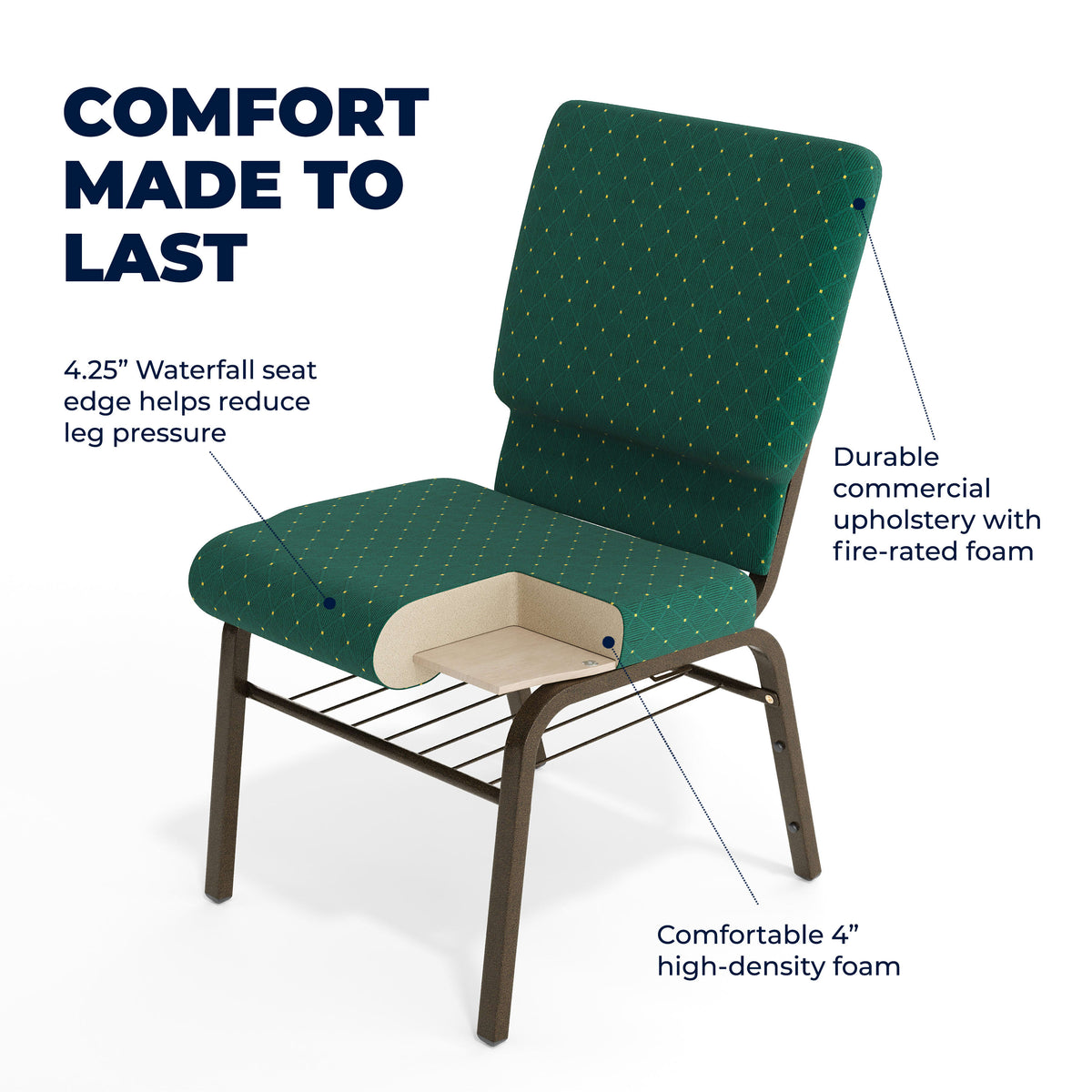 Green Patterned Fabric/Gold Vein Frame |#| 18.5"W Church Chair in Green Patterned Fabric with Book Rack - Gold Vein Frame