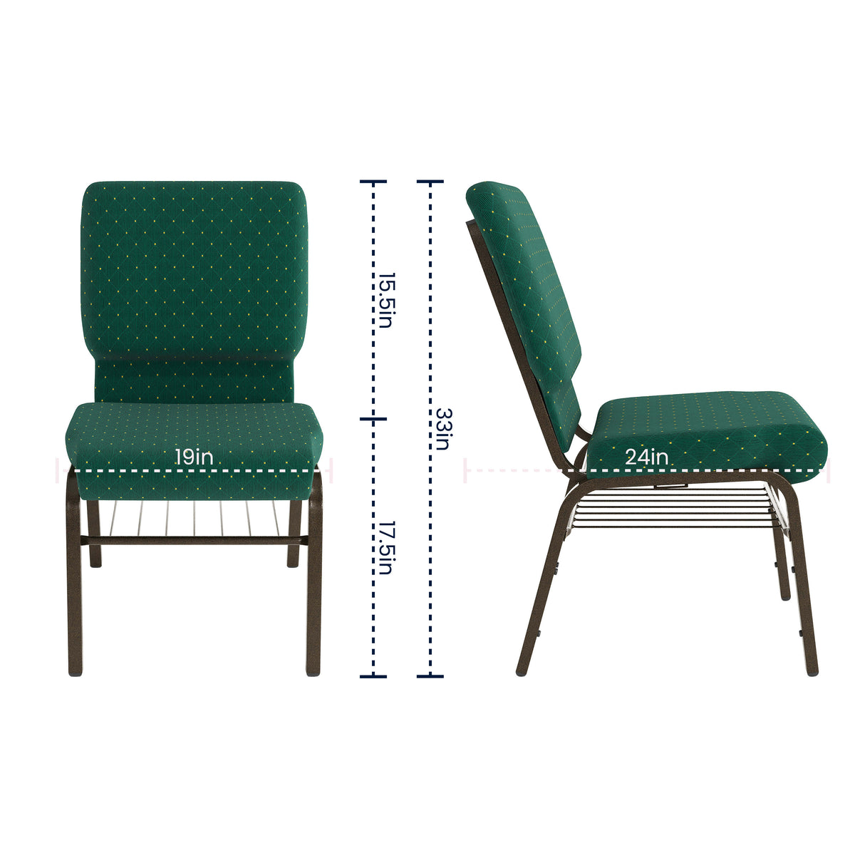Green Patterned Fabric/Gold Vein Frame |#| 18.5"W Church Chair in Green Patterned Fabric with Book Rack - Gold Vein Frame