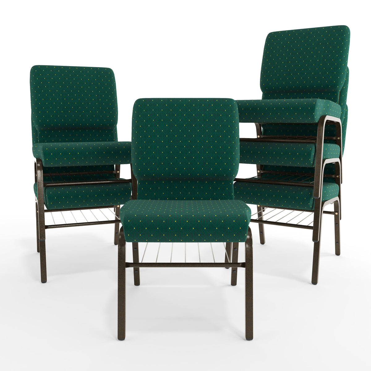 Green Patterned Fabric/Gold Vein Frame |#| 18.5"W Church Chair in Green Patterned Fabric with Book Rack - Gold Vein Frame