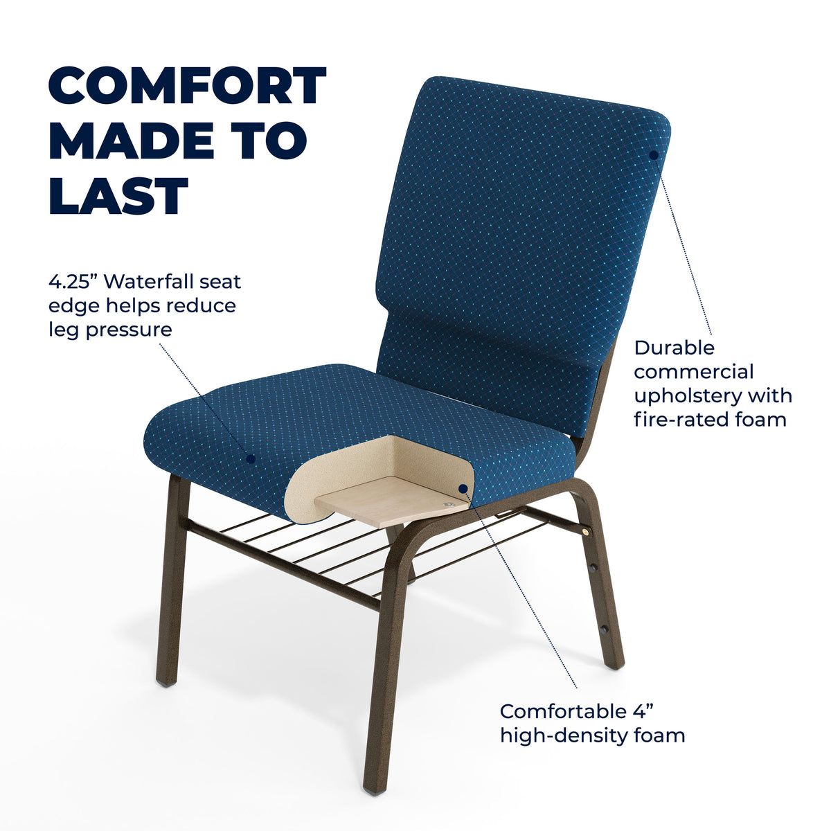 Navy Blue Patterned Fabric/Gold Vein Frame |#| 18.5"W Church Chair in Navy Blue Patterned Fabric w/ Book Rack - Gold Vein Frame