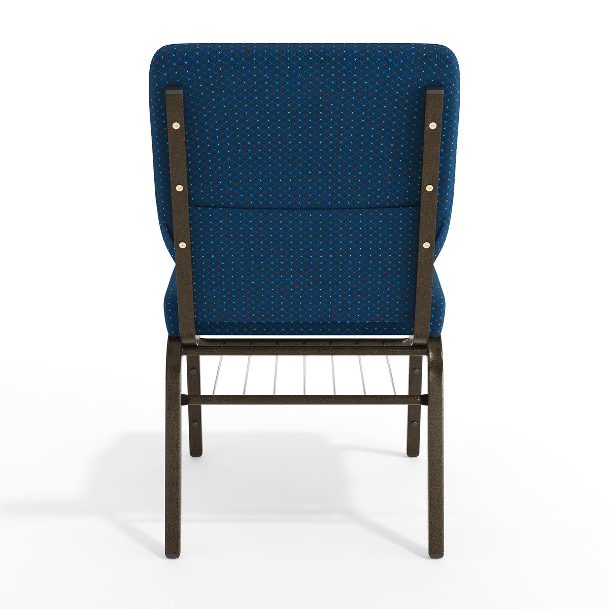 Navy Blue Patterned Fabric/Gold Vein Frame |#| 18.5"W Church Chair in Navy Blue Patterned Fabric w/ Book Rack - Gold Vein Frame