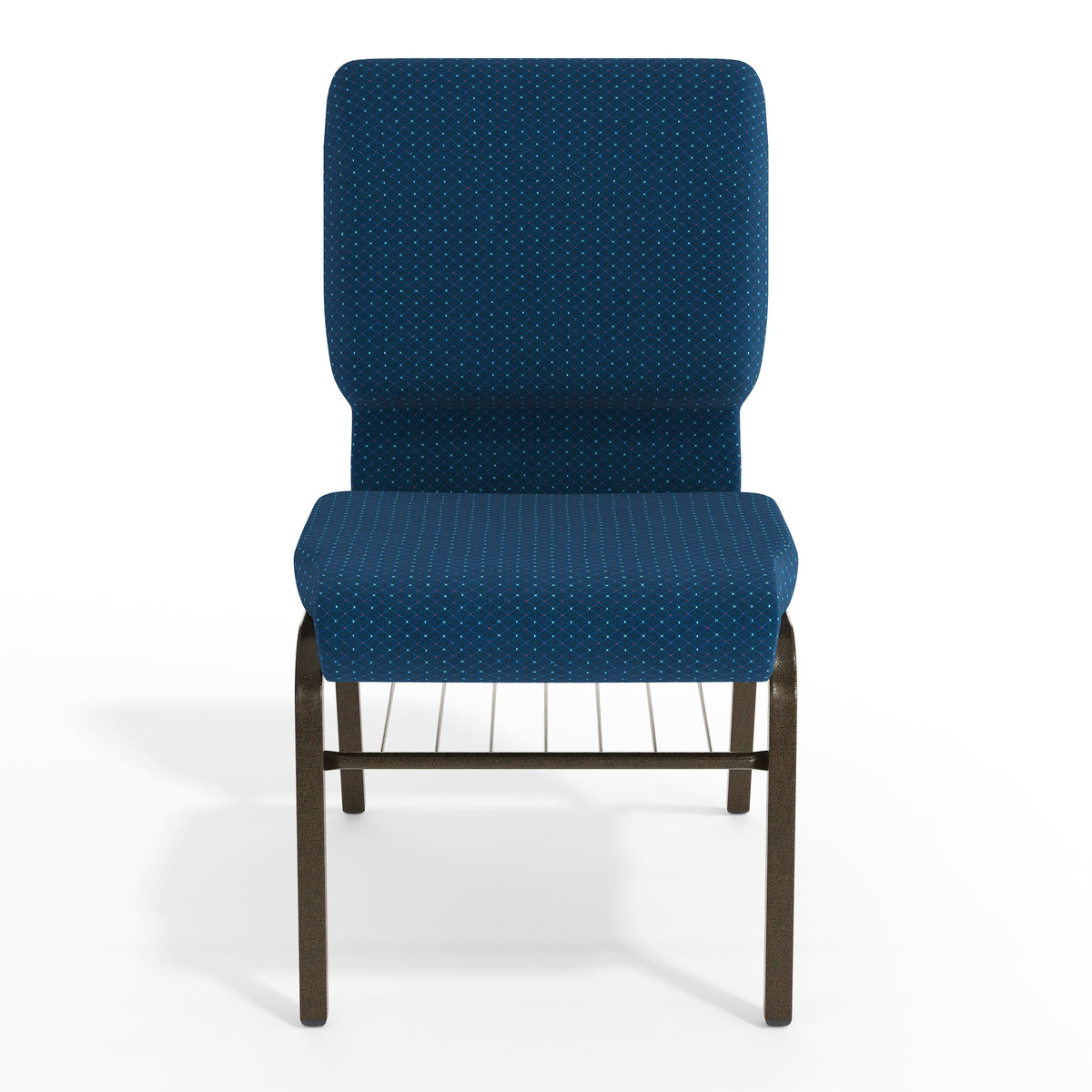 Navy Blue Patterned Fabric/Gold Vein Frame |#| 18.5"W Church Chair in Navy Blue Patterned Fabric w/ Book Rack - Gold Vein Frame