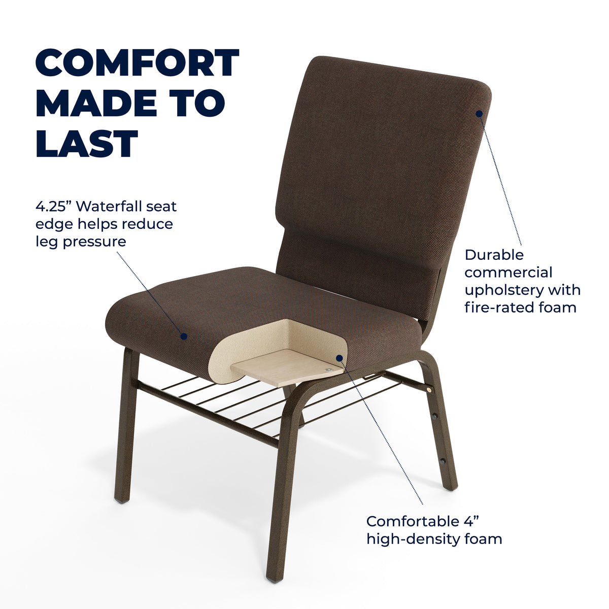 Brown Fabric/Gold Vein Frame |#| 18.5"W Church Chair in Brown Fabric with Book Rack - Gold Vein Frame