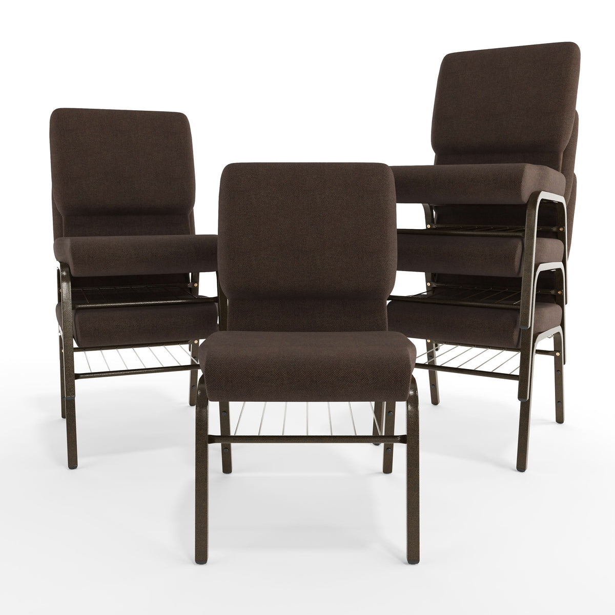 Brown Fabric/Gold Vein Frame |#| 18.5"W Church Chair in Brown Fabric with Book Rack - Gold Vein Frame