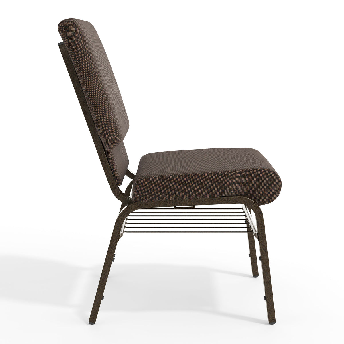 Brown Fabric/Gold Vein Frame |#| 18.5"W Church Chair in Brown Fabric with Book Rack - Gold Vein Frame