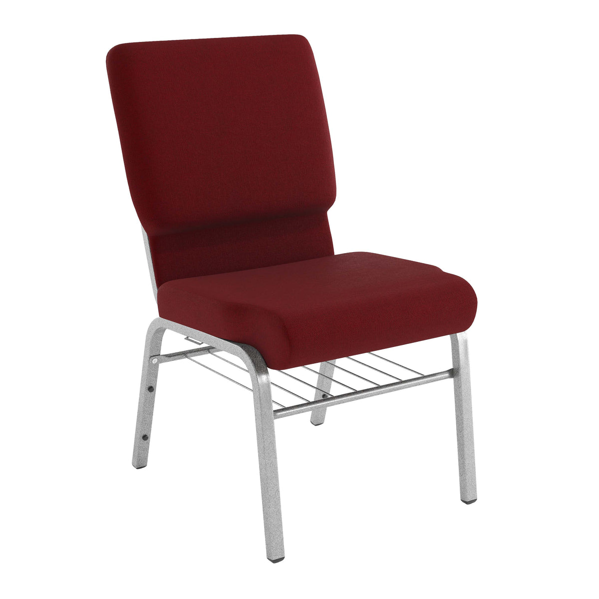 Burgundy Fabric/Silver Vein Frame |#| 18.5"W Church Chair in Burgundy Fabric with Book Rack - Silver Vein Frame