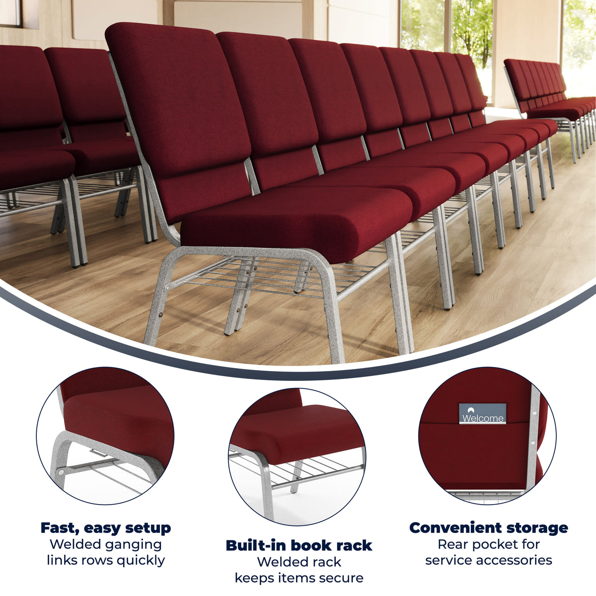 Burgundy Fabric/Silver Vein Frame |#| 18.5"W Church Chair in Burgundy Fabric with Book Rack - Silver Vein Frame