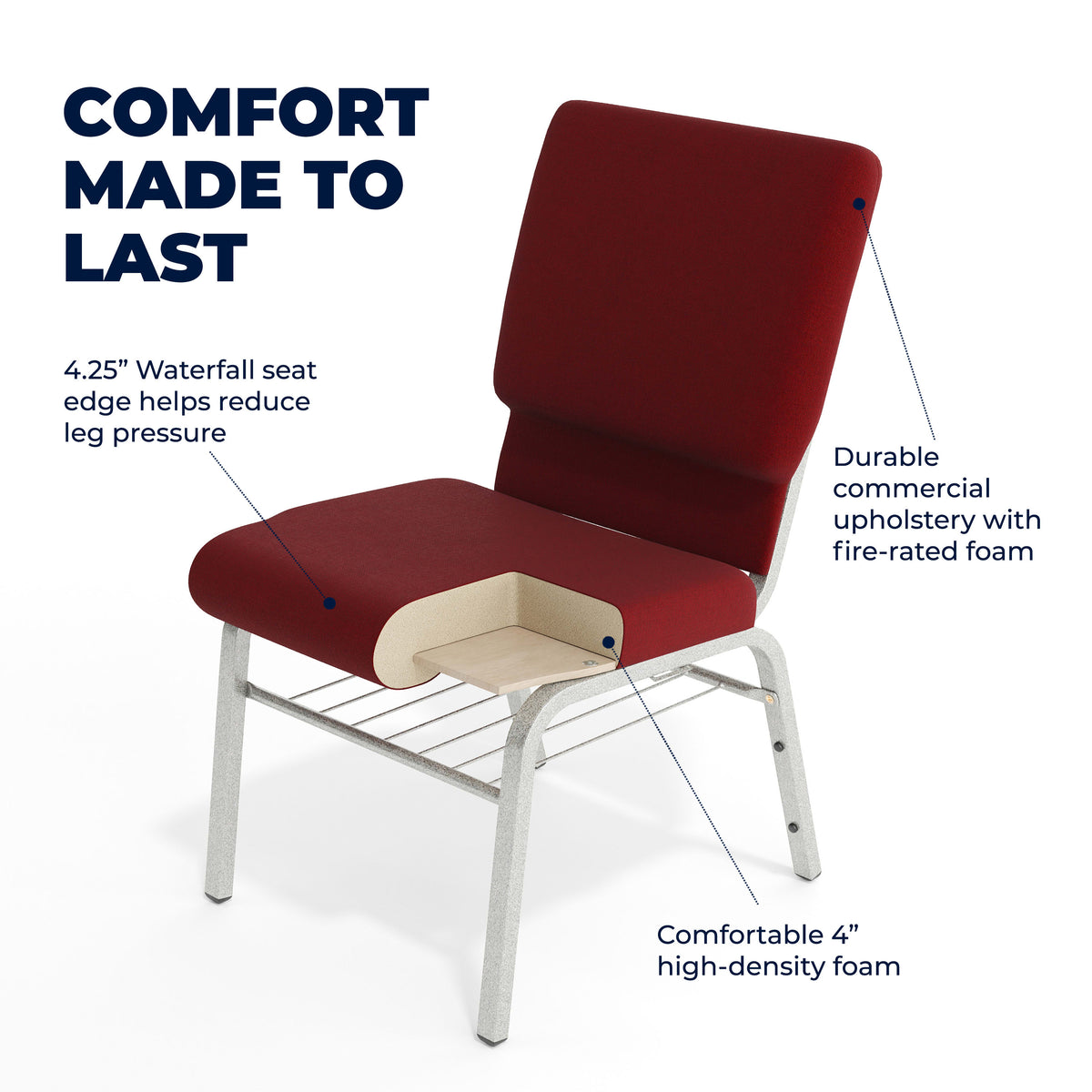 Burgundy Fabric/Silver Vein Frame |#| 18.5"W Church Chair in Burgundy Fabric with Book Rack - Silver Vein Frame