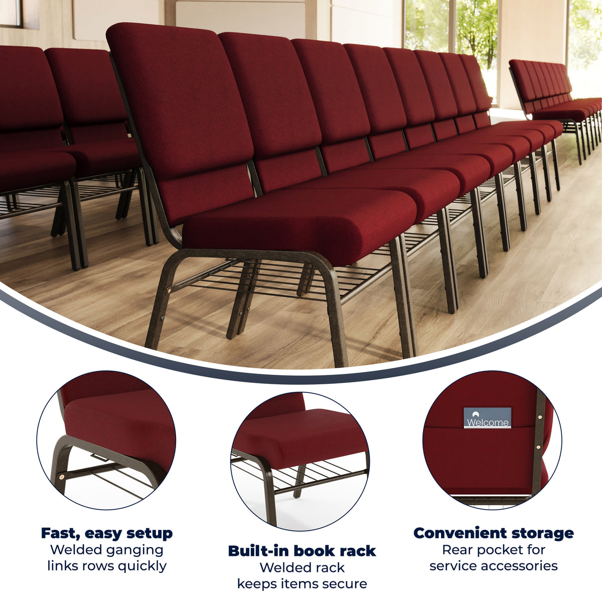 Burgundy Fabric/Gold Vein Frame |#| 18.5"W Church Chair in Burgundy Fabric with Book Rack - Gold Vein Frame