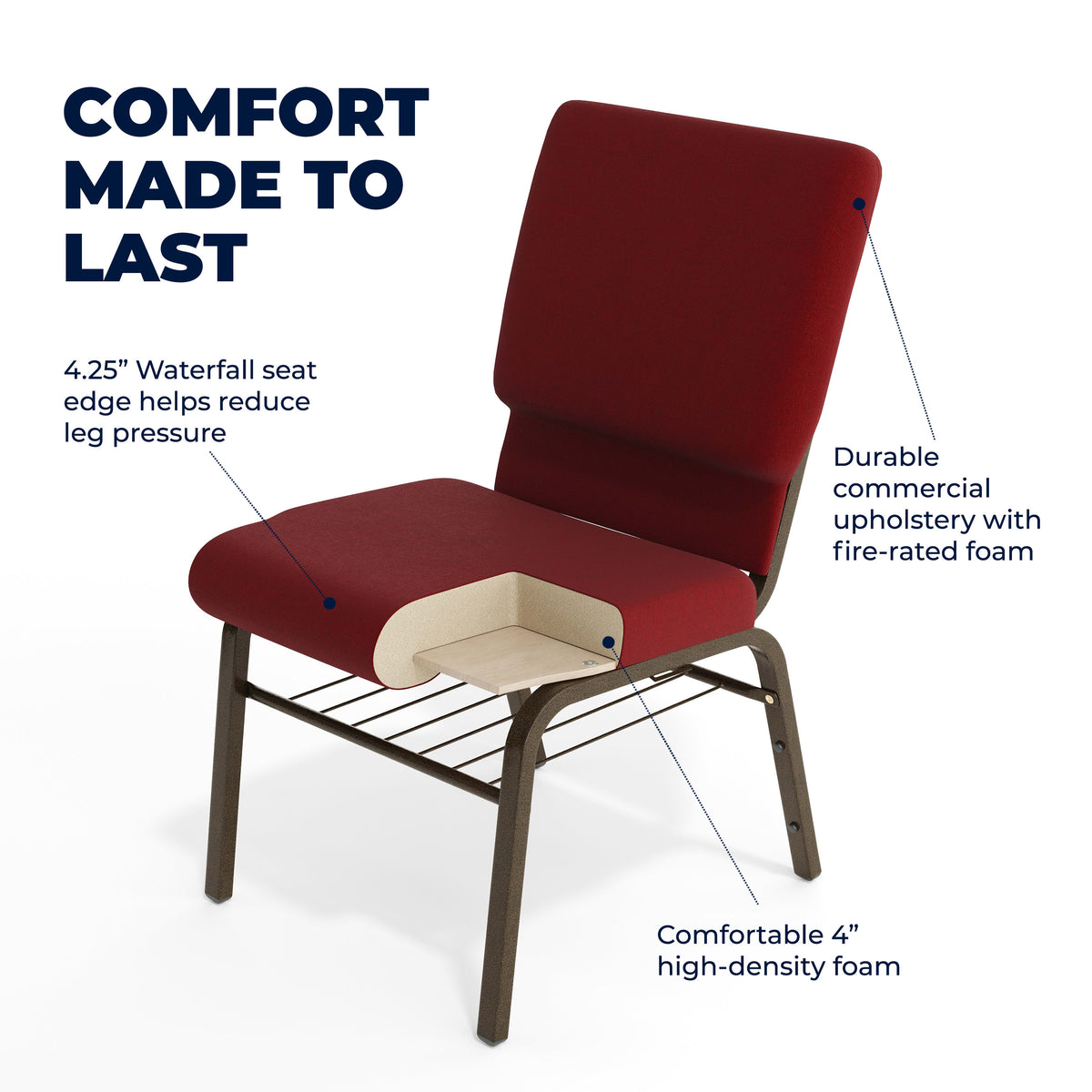 Burgundy Fabric/Gold Vein Frame |#| 18.5"W Church Chair in Burgundy Fabric with Book Rack - Gold Vein Frame