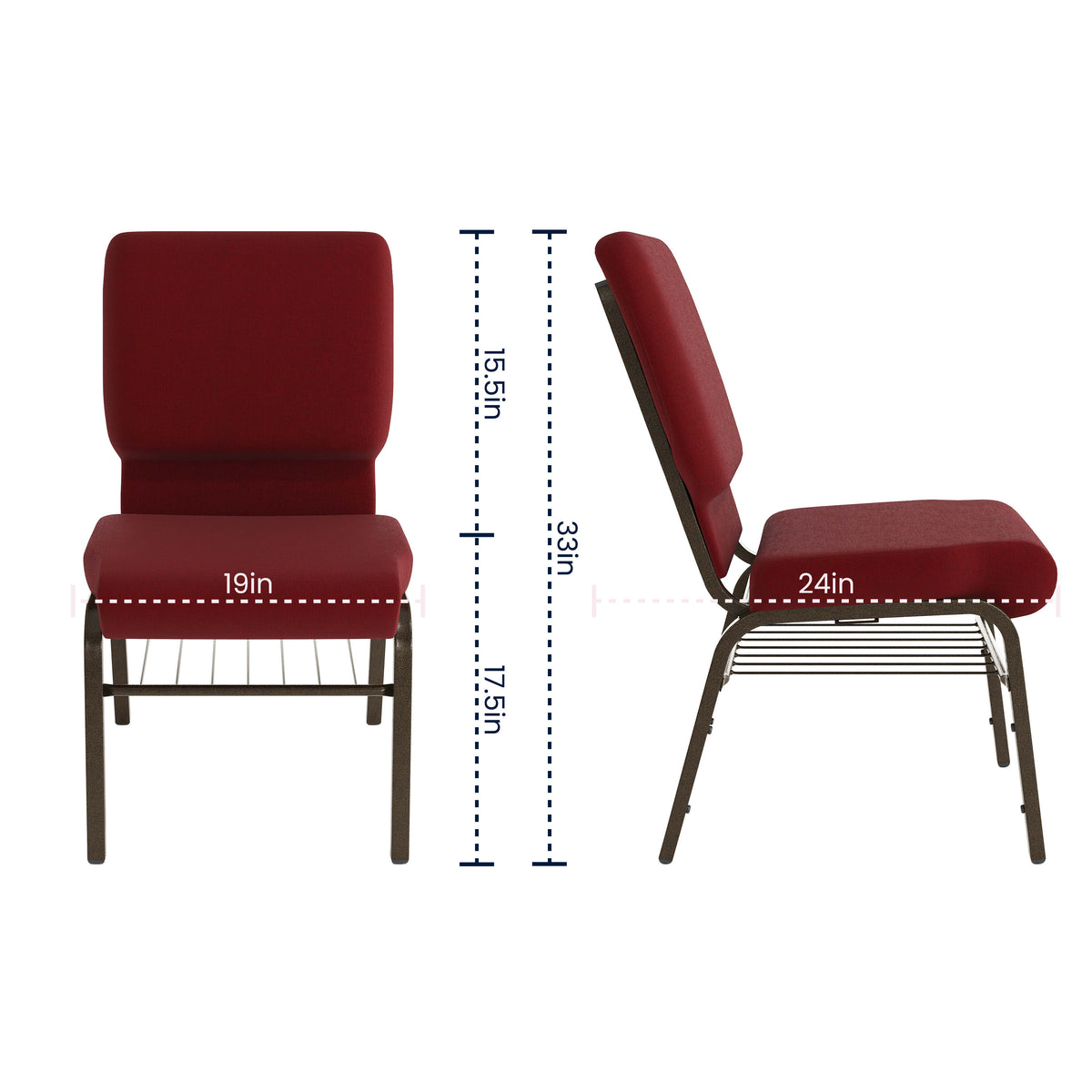 Burgundy Fabric/Gold Vein Frame |#| 18.5"W Church Chair in Burgundy Fabric with Book Rack - Gold Vein Frame
