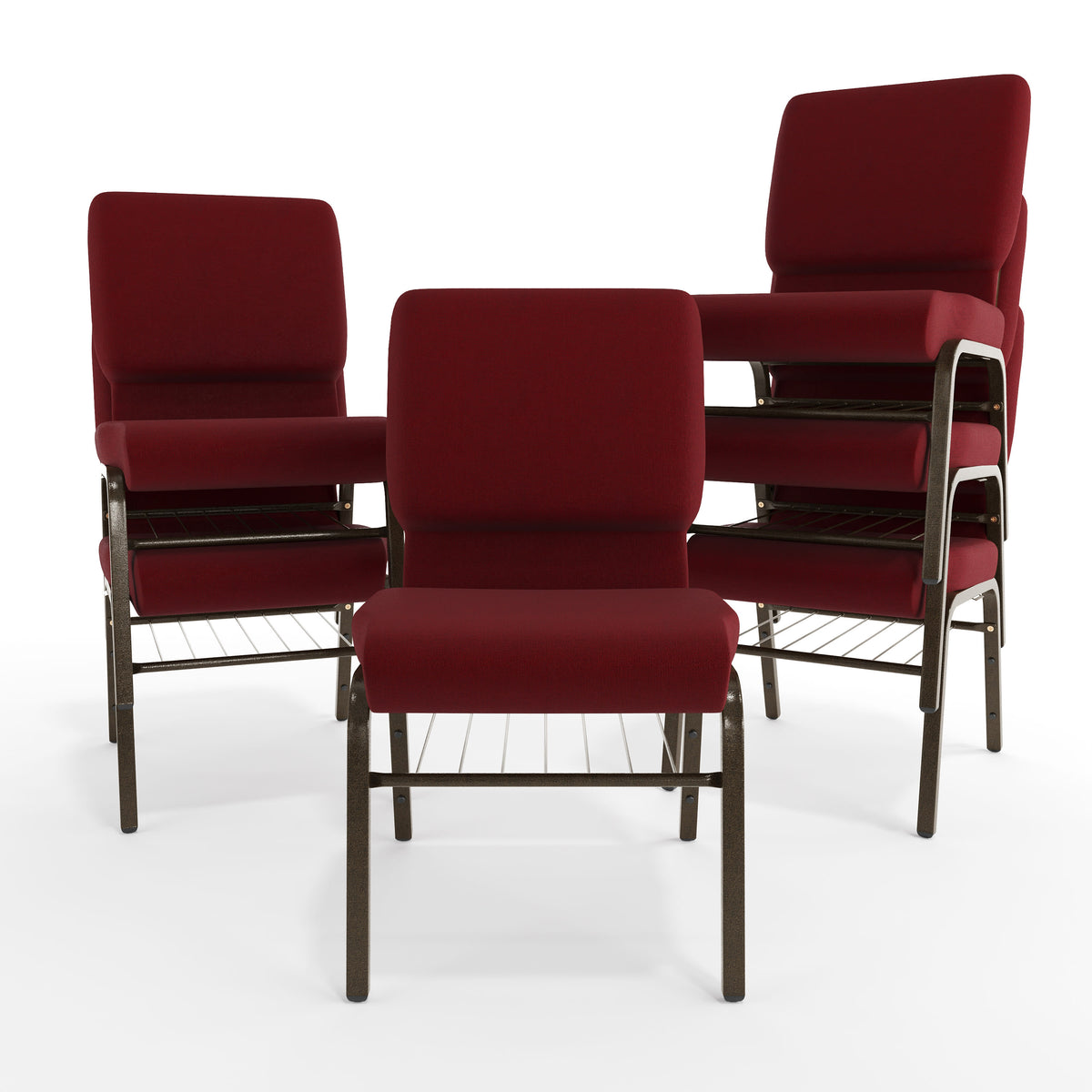 Burgundy Fabric/Gold Vein Frame |#| 18.5"W Church Chair in Burgundy Fabric with Book Rack - Gold Vein Frame
