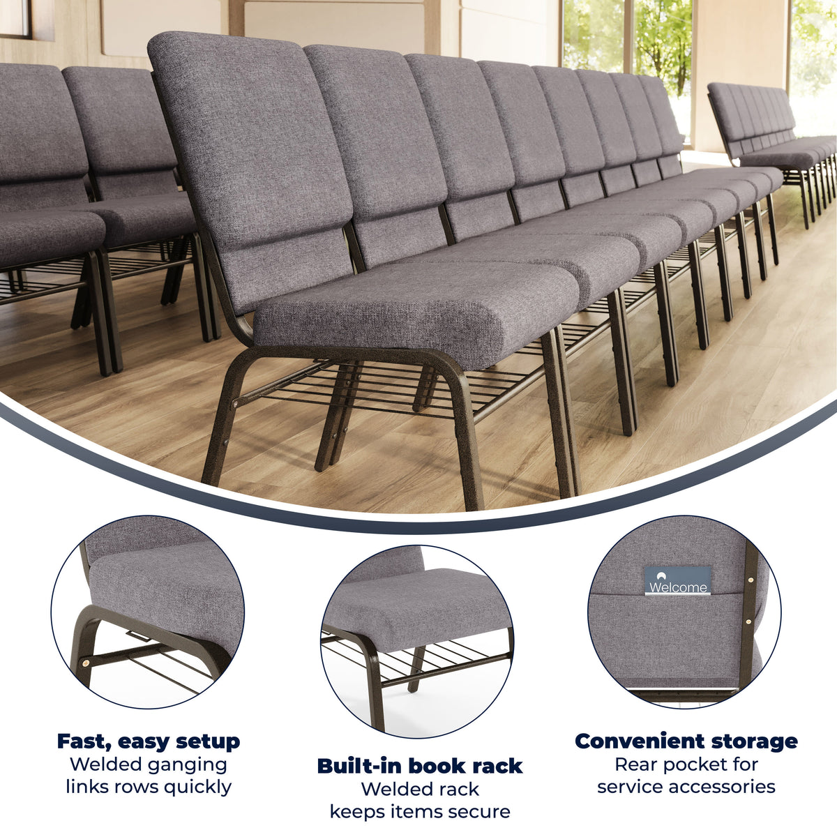 Gray Fabric/Gold Vein Frame |#| 18.5"W Church Chair in Gray Fabric with Book Rack - Gold Vein Frame