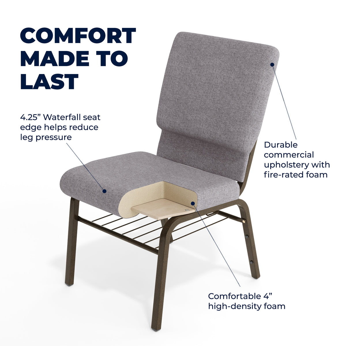 Gray Fabric/Gold Vein Frame |#| 18.5"W Church Chair in Gray Fabric with Book Rack - Gold Vein Frame