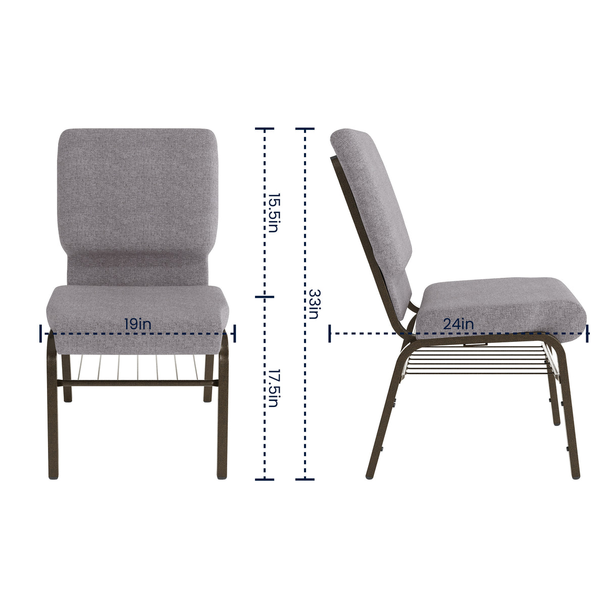 Gray Fabric/Gold Vein Frame |#| 18.5"W Church Chair in Gray Fabric with Book Rack - Gold Vein Frame