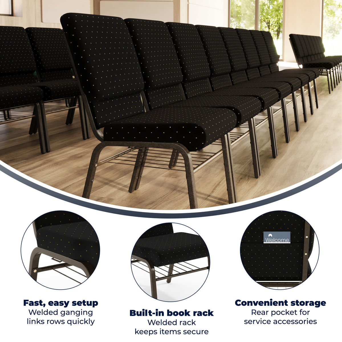 Black Dot Patterned Fabric/Gold Vein Frame |#| 18.5"W Church Chair in Black Dot Patterned Fabric w/Book Rack - Gold Vein Frame