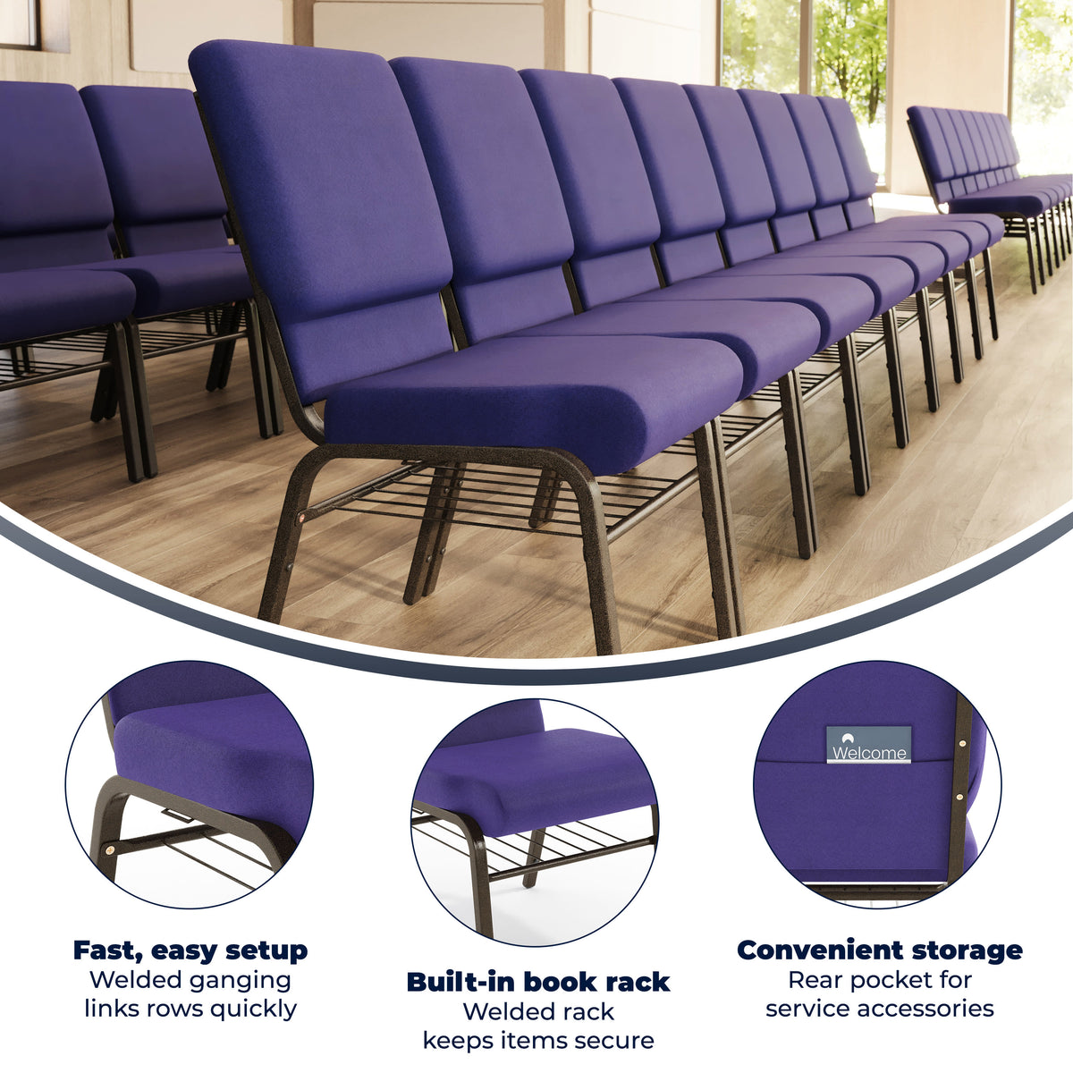 Purple Fabric/Gold Vein Frame |#| 18.5"W Church Chair in Purple Fabric with Book Rack - Gold Vein Frame