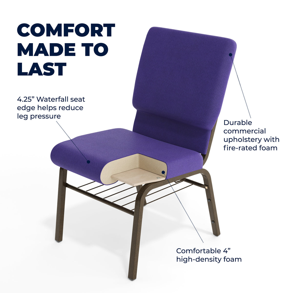 Purple Fabric/Gold Vein Frame |#| 18.5"W Church Chair in Purple Fabric with Book Rack - Gold Vein Frame