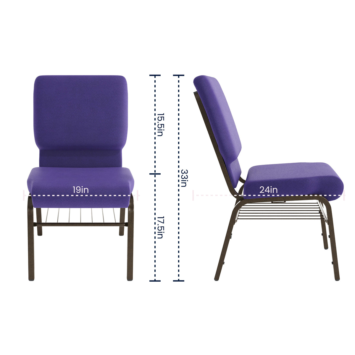 Purple Fabric/Gold Vein Frame |#| 18.5"W Church Chair in Purple Fabric with Book Rack - Gold Vein Frame