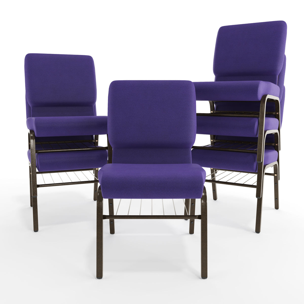 Purple Fabric/Gold Vein Frame |#| 18.5"W Church Chair in Purple Fabric with Book Rack - Gold Vein Frame