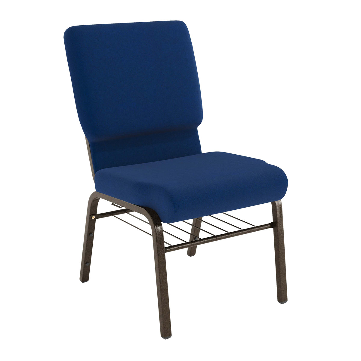 Navy Blue Fabric/Gold Vein Frame |#| 18.5"W Church Chair in Navy Blue Fabric with Book Rack - Gold Vein Frame