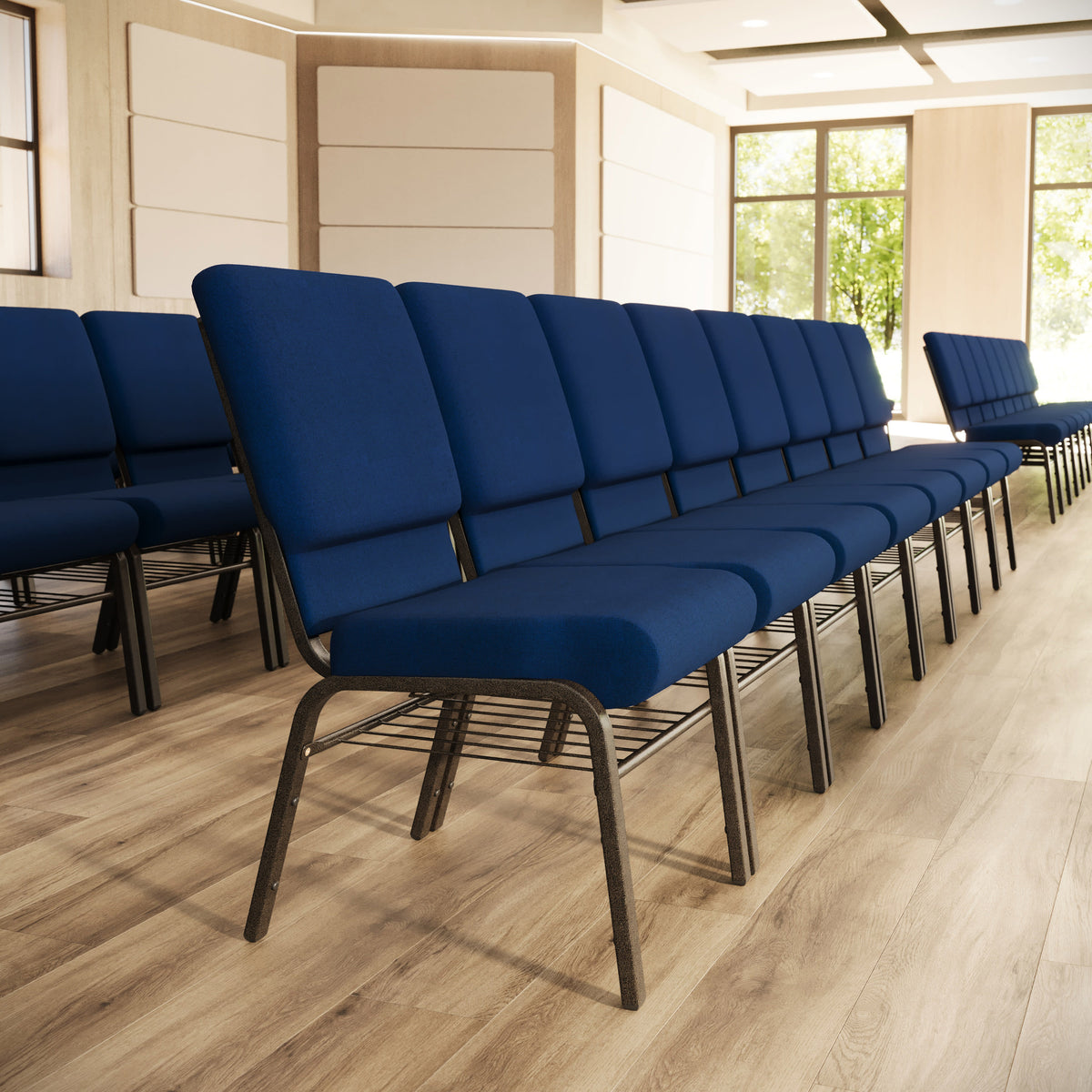 Navy Blue Fabric/Gold Vein Frame |#| 18.5"W Church Chair in Navy Blue Fabric with Book Rack - Gold Vein Frame