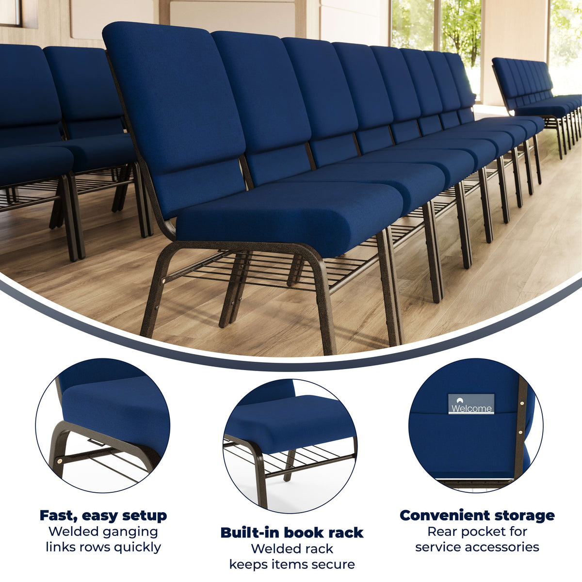 Navy Blue Fabric/Gold Vein Frame |#| 18.5"W Church Chair in Navy Blue Fabric with Book Rack - Gold Vein Frame