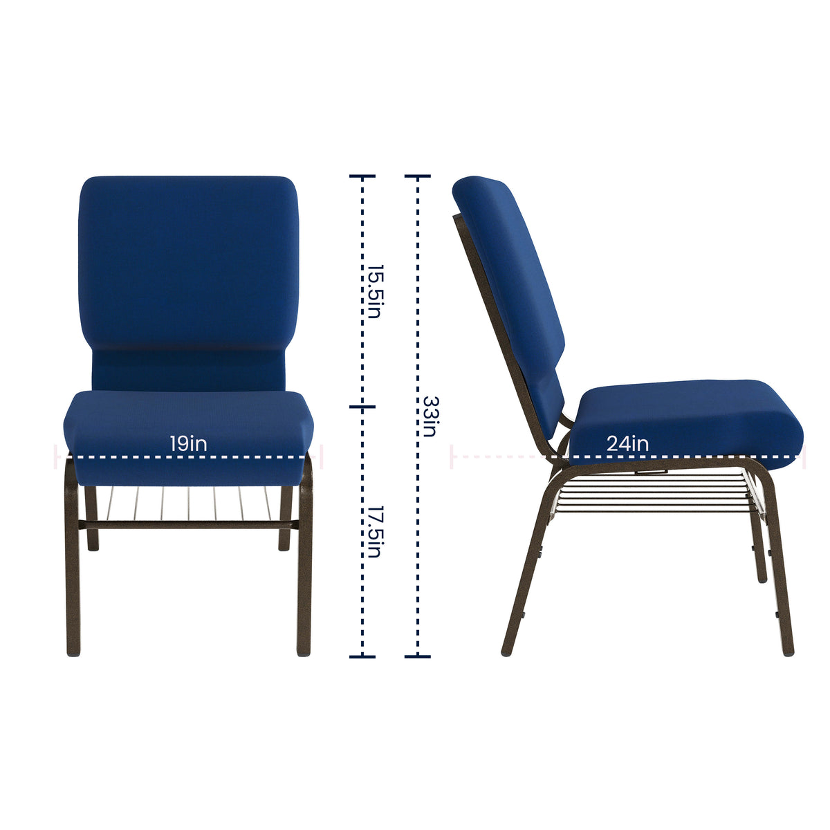Navy Blue Fabric/Gold Vein Frame |#| 18.5"W Church Chair in Navy Blue Fabric with Book Rack - Gold Vein Frame