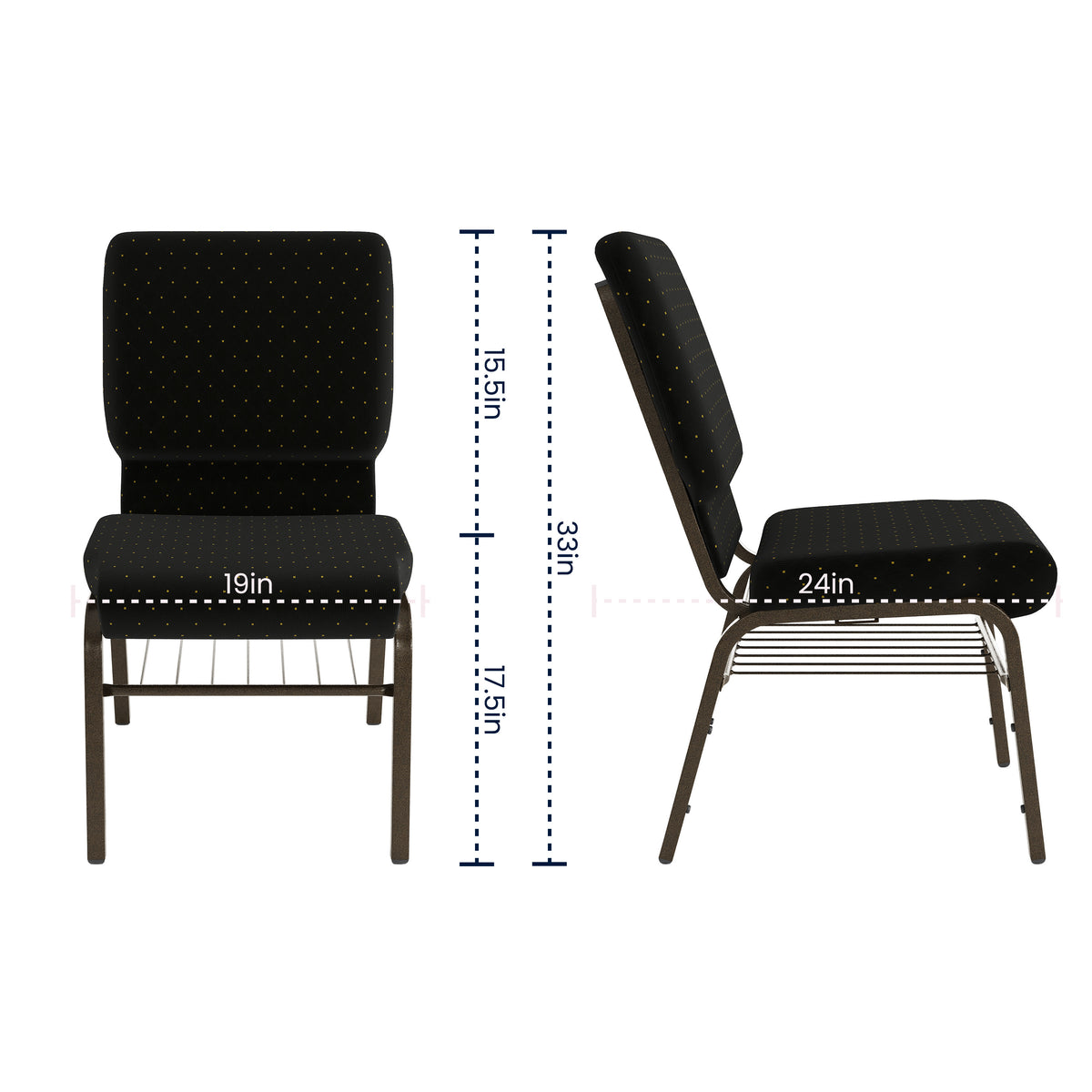 Black Dot Patterned Fabric/Gold Vein Frame |#| 18.5"W Church Chair in Black Dot Patterned Fabric w/Book Rack - Gold Vein Frame