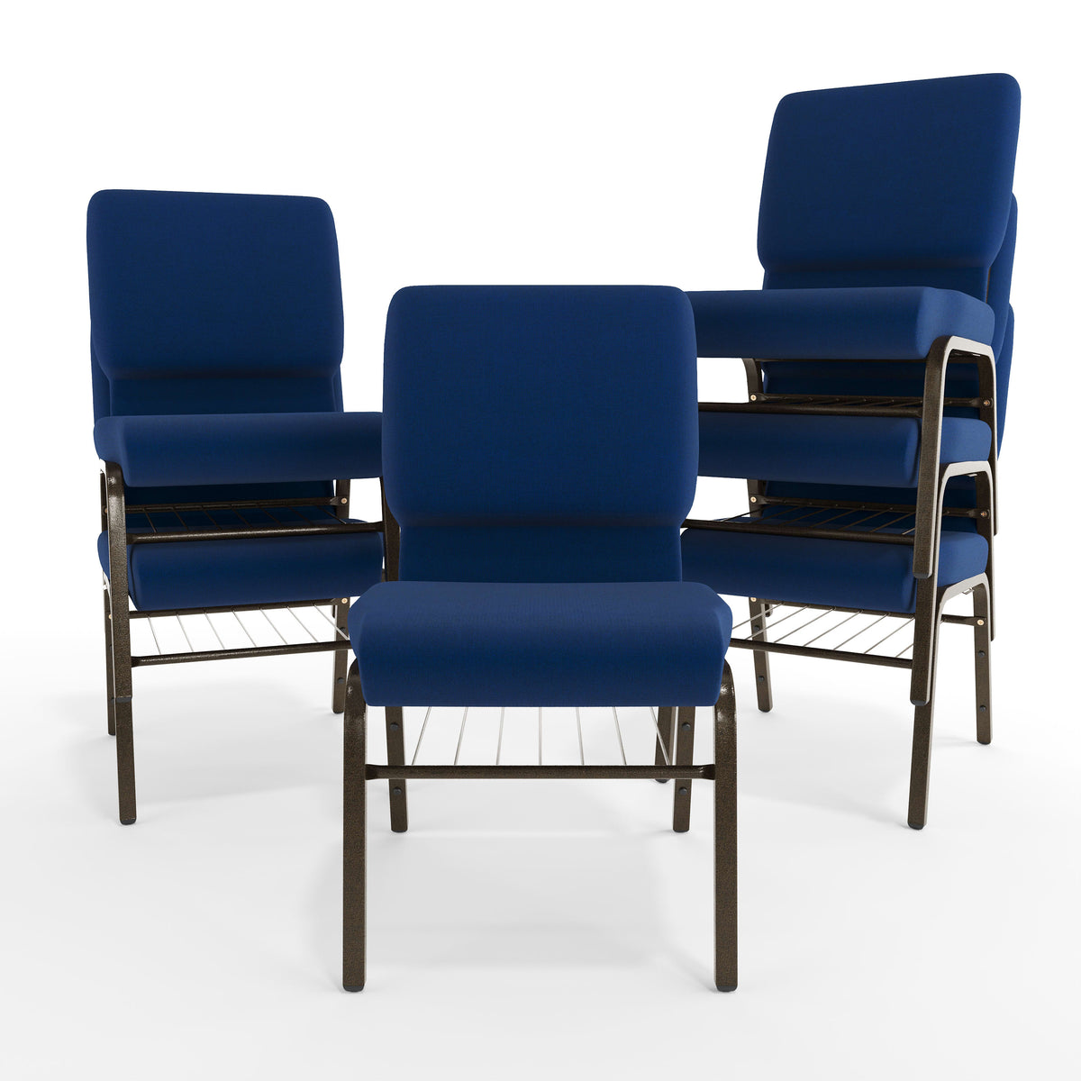 Navy Blue Fabric/Gold Vein Frame |#| 18.5"W Church Chair in Navy Blue Fabric with Book Rack - Gold Vein Frame