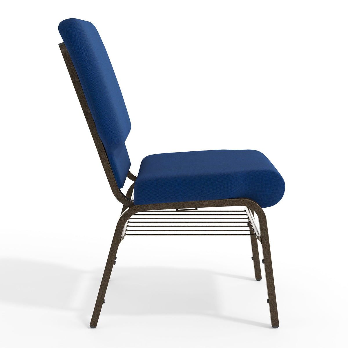Navy Blue Fabric/Gold Vein Frame |#| 18.5"W Church Chair in Navy Blue Fabric with Book Rack - Gold Vein Frame