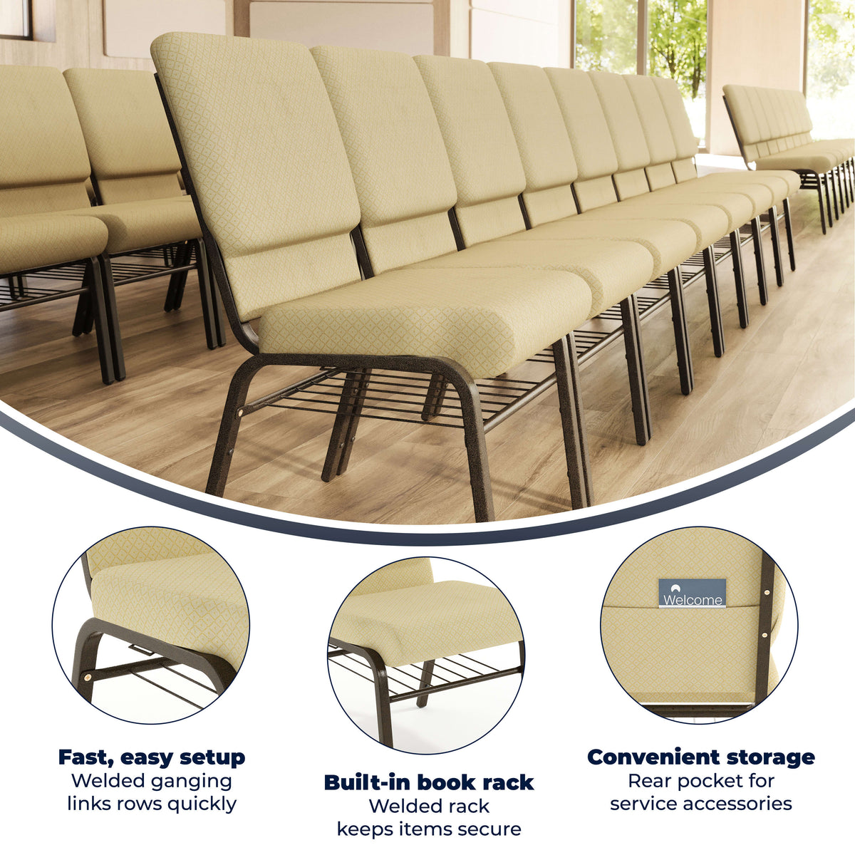 Beige Patterned Fabric/Gold Vein Frame |#| 18.5"W Church Chair in Beige Patterned Fabric with Book Rack - Gold Vein Frame
