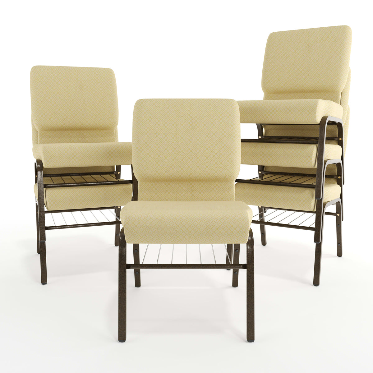 Beige Patterned Fabric/Gold Vein Frame |#| 18.5"W Church Chair in Beige Patterned Fabric with Book Rack - Gold Vein Frame