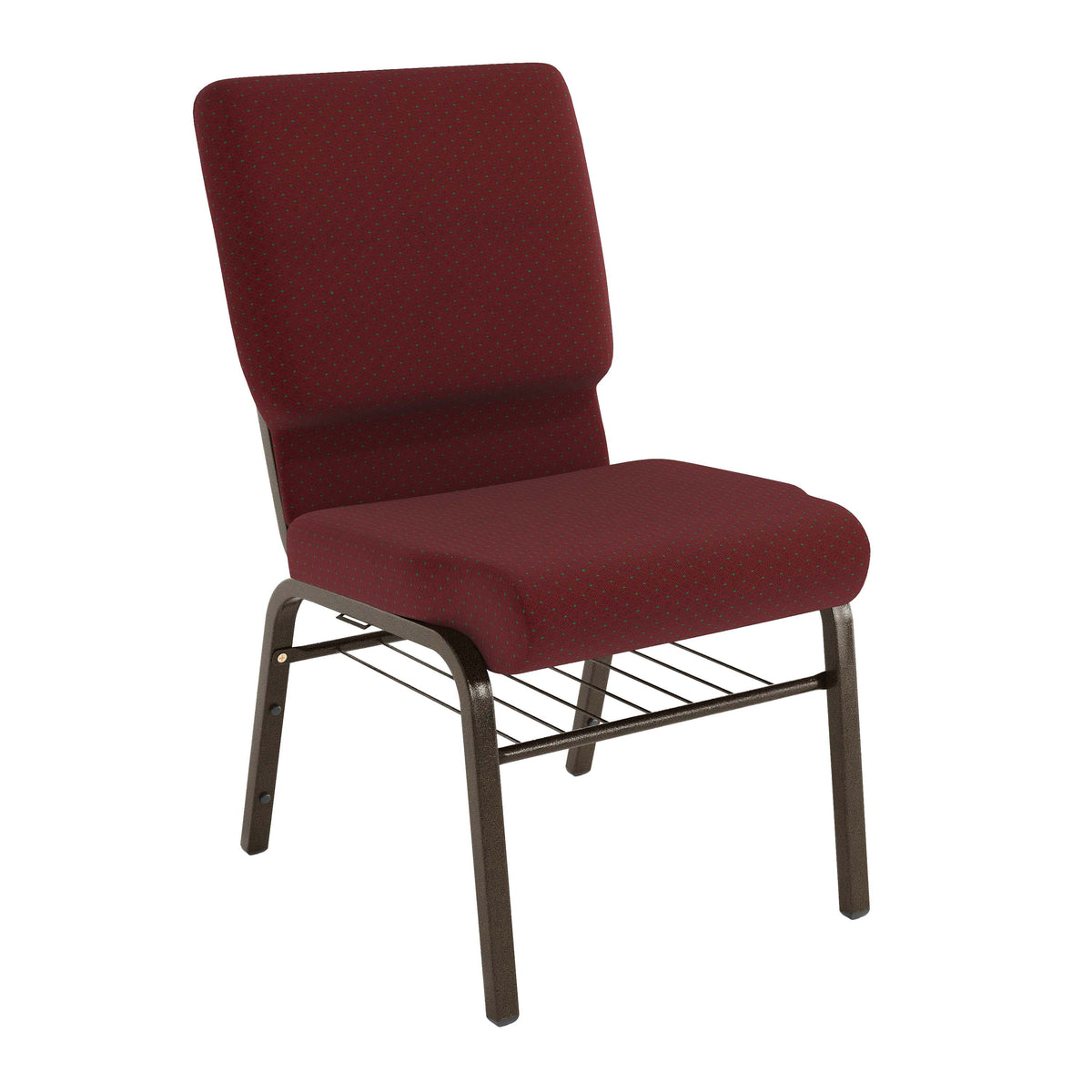 Burgundy Patterned Fabric/Gold Vein Frame |#| 18.5"W Church Chair in Burgundy Patterned Fabric w/ Book Rack - Gold Vein Frame