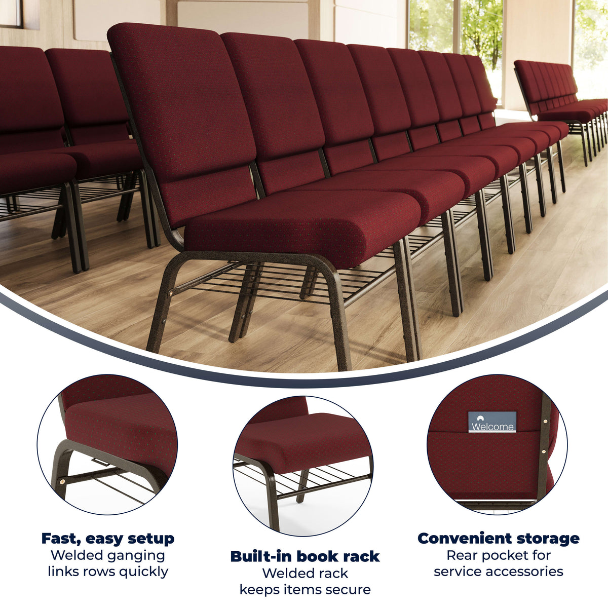 Burgundy Patterned Fabric/Gold Vein Frame |#| 18.5"W Church Chair in Burgundy Patterned Fabric w/ Book Rack - Gold Vein Frame