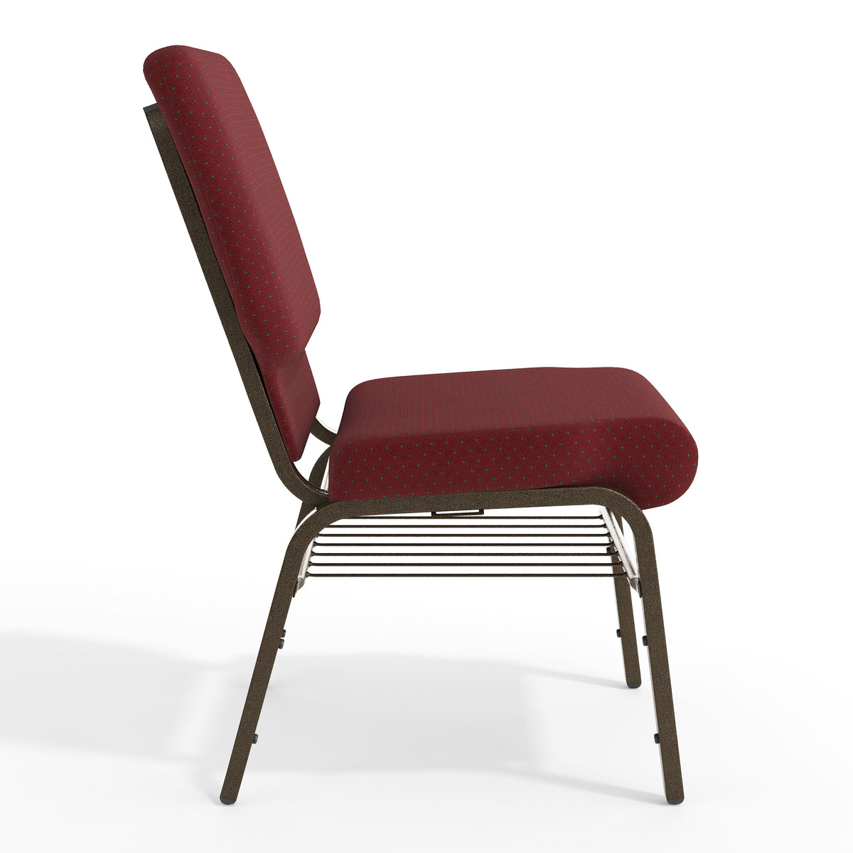 Burgundy Patterned Fabric/Gold Vein Frame |#| 18.5"W Church Chair in Burgundy Patterned Fabric w/ Book Rack - Gold Vein Frame