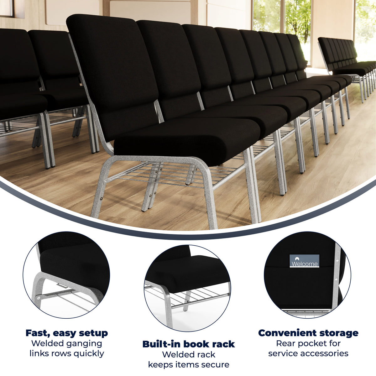 Black Fabric/Silver Vein Frame |#| 18.5"W Church Chair in Black Fabric with Book Rack - Silver Vein Frame